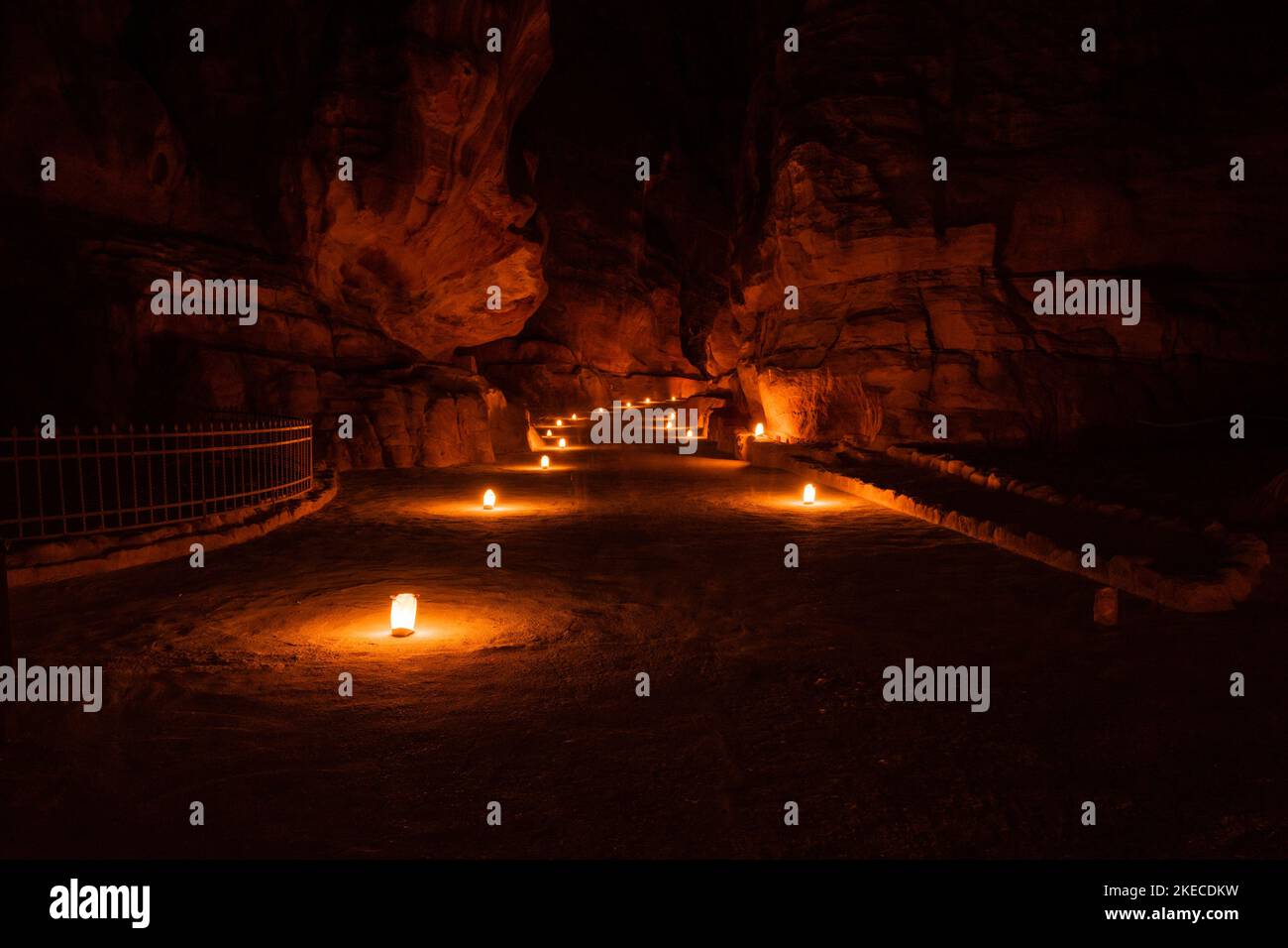 The Al Siq Gorge of Petra by Night, the Path illuminated by Candles Stock Photo