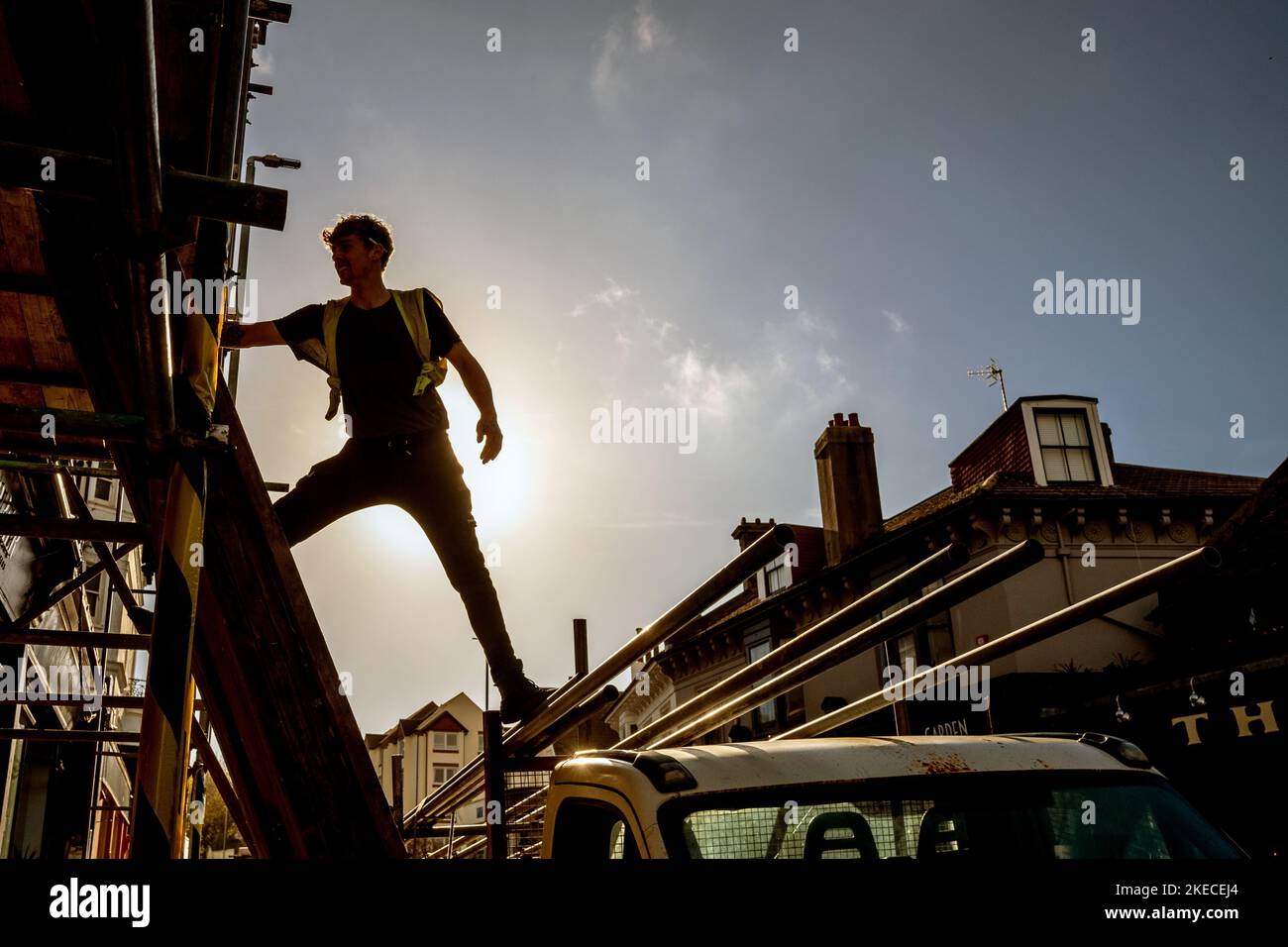 Brighton, November 11th 2022 A scaffolder working in the town centre