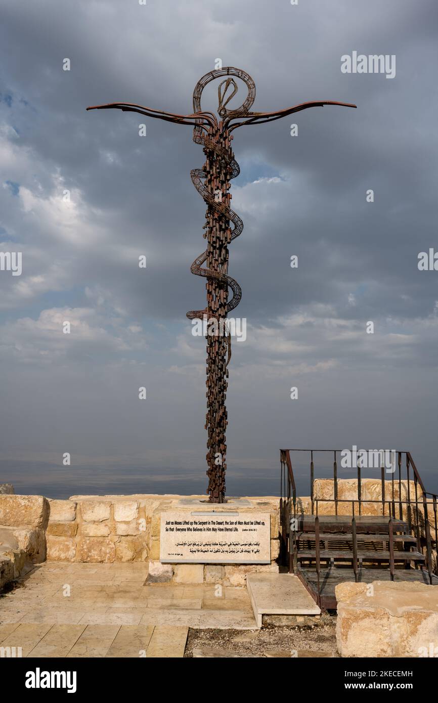 Mount Nebo, Jordan - October 26 2022: Serpentine Cross Statue or Brazen Serpent Monument Stock Photo