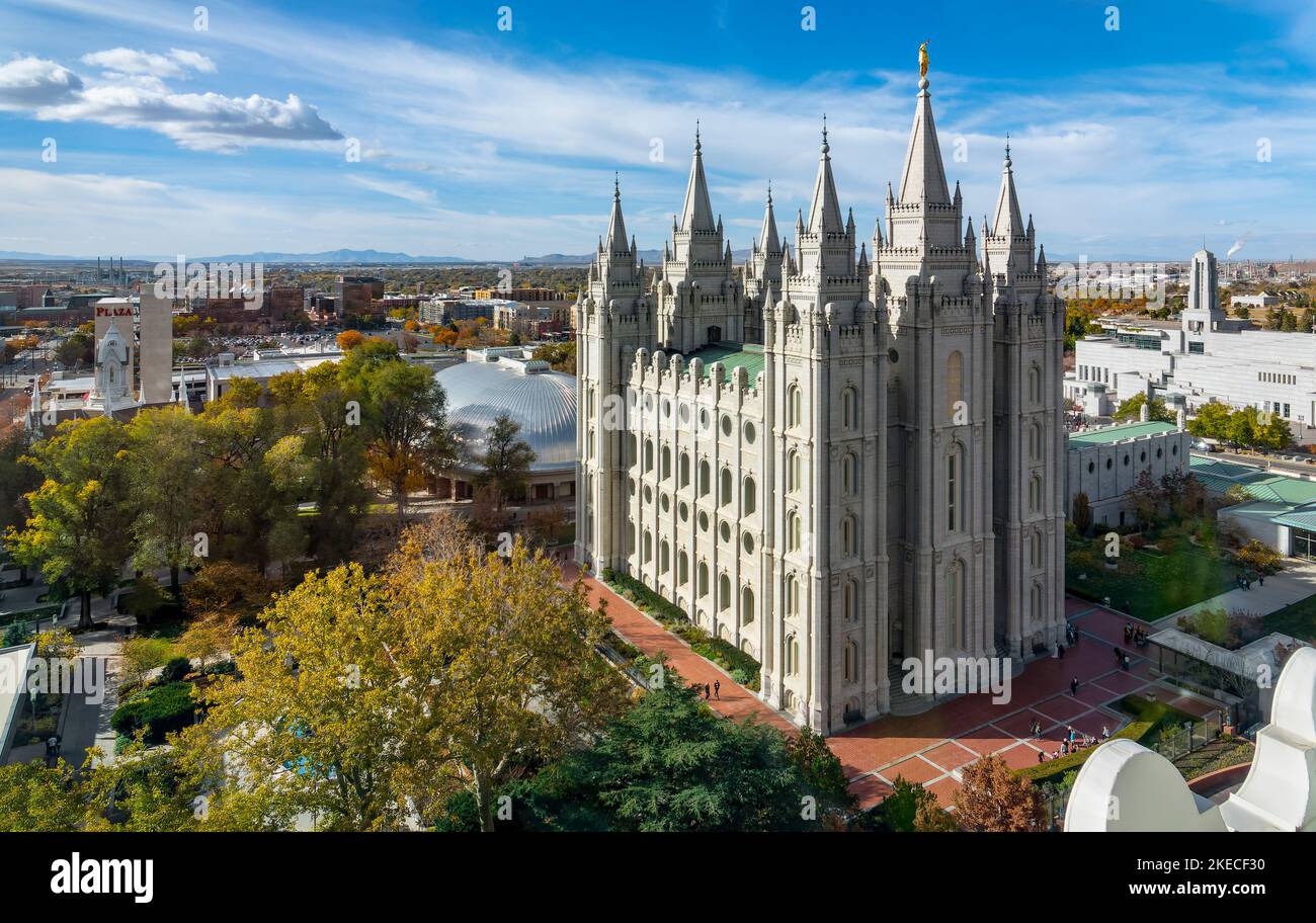The Salt Lake Temple is the most famous and largest temple of the Church of Jesus Christ of Latter-day Saints. The building is constructed in various styles of historicism and is located in Salt Lake City, the capital of the US state of Utah. Stock Photo