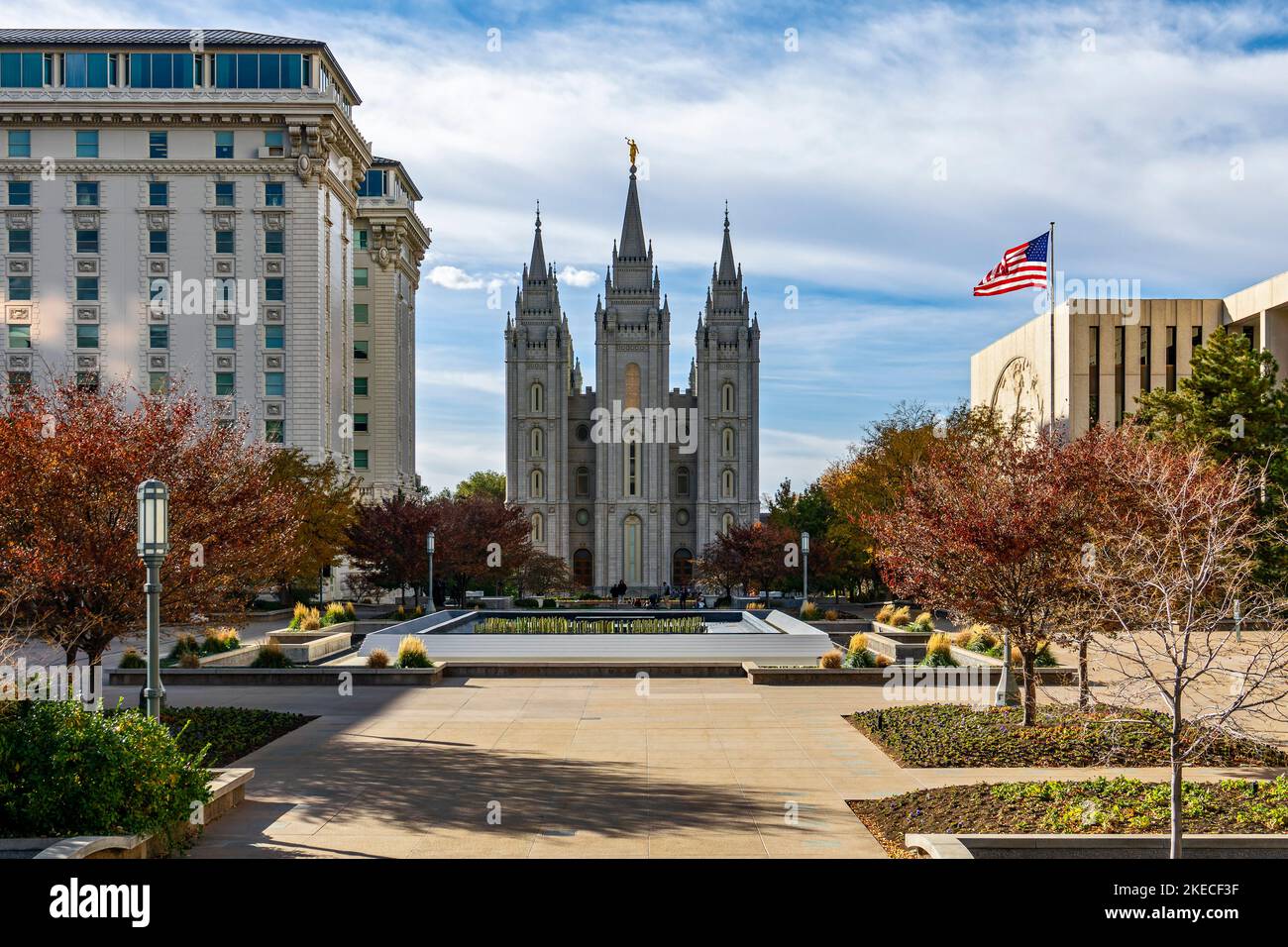 The Salt Lake Temple is the most famous and largest temple of the Church of Jesus Christ of Latter-day Saints. The building is constructed in various styles of historicism and is located in Salt Lake City, the capital of the US state of Utah. Stock Photo