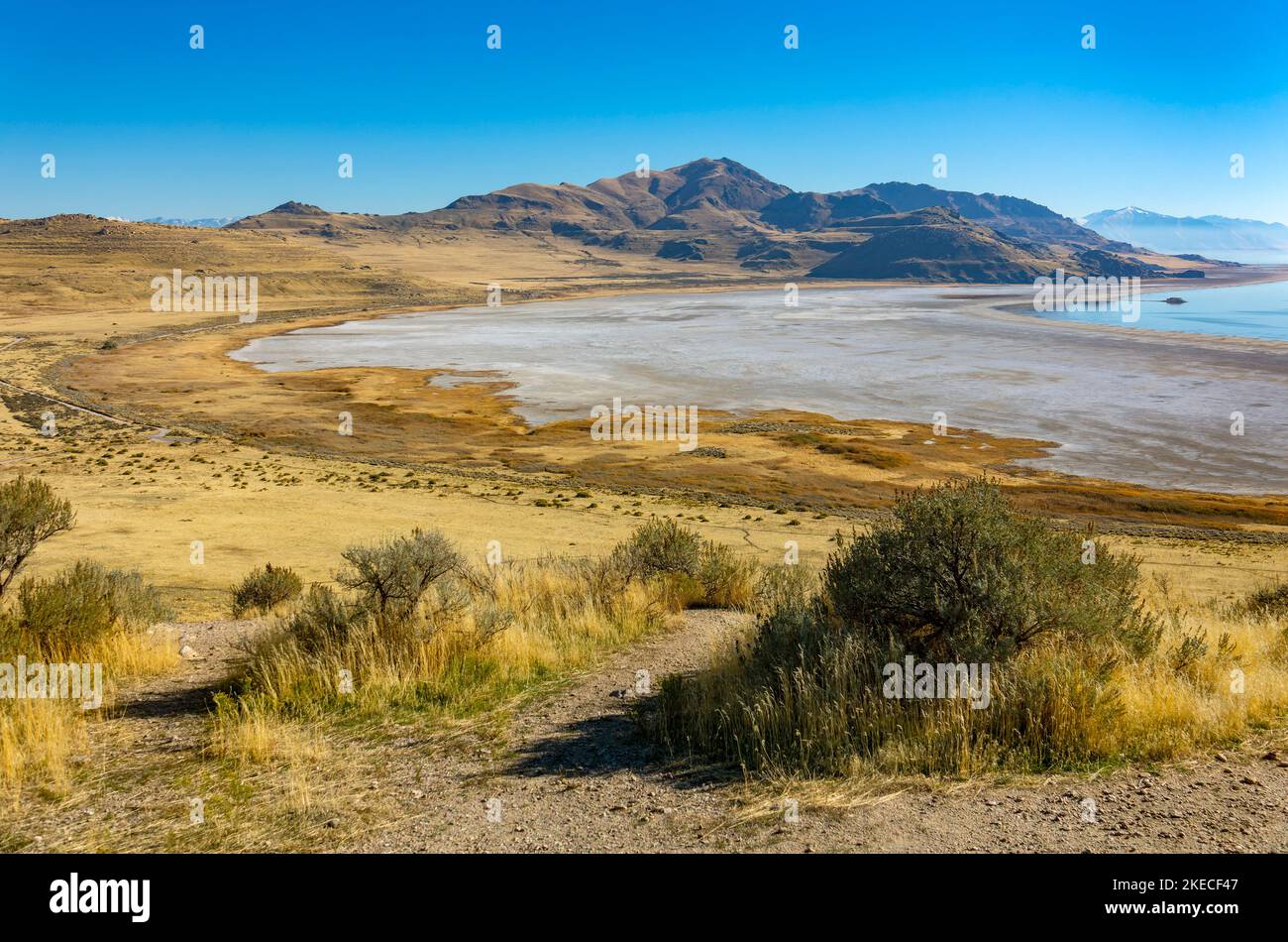 Landscape at the Great Salt Lake. Antelope Island, view from Buffalo Point into White Rock Bay. Stock Photo