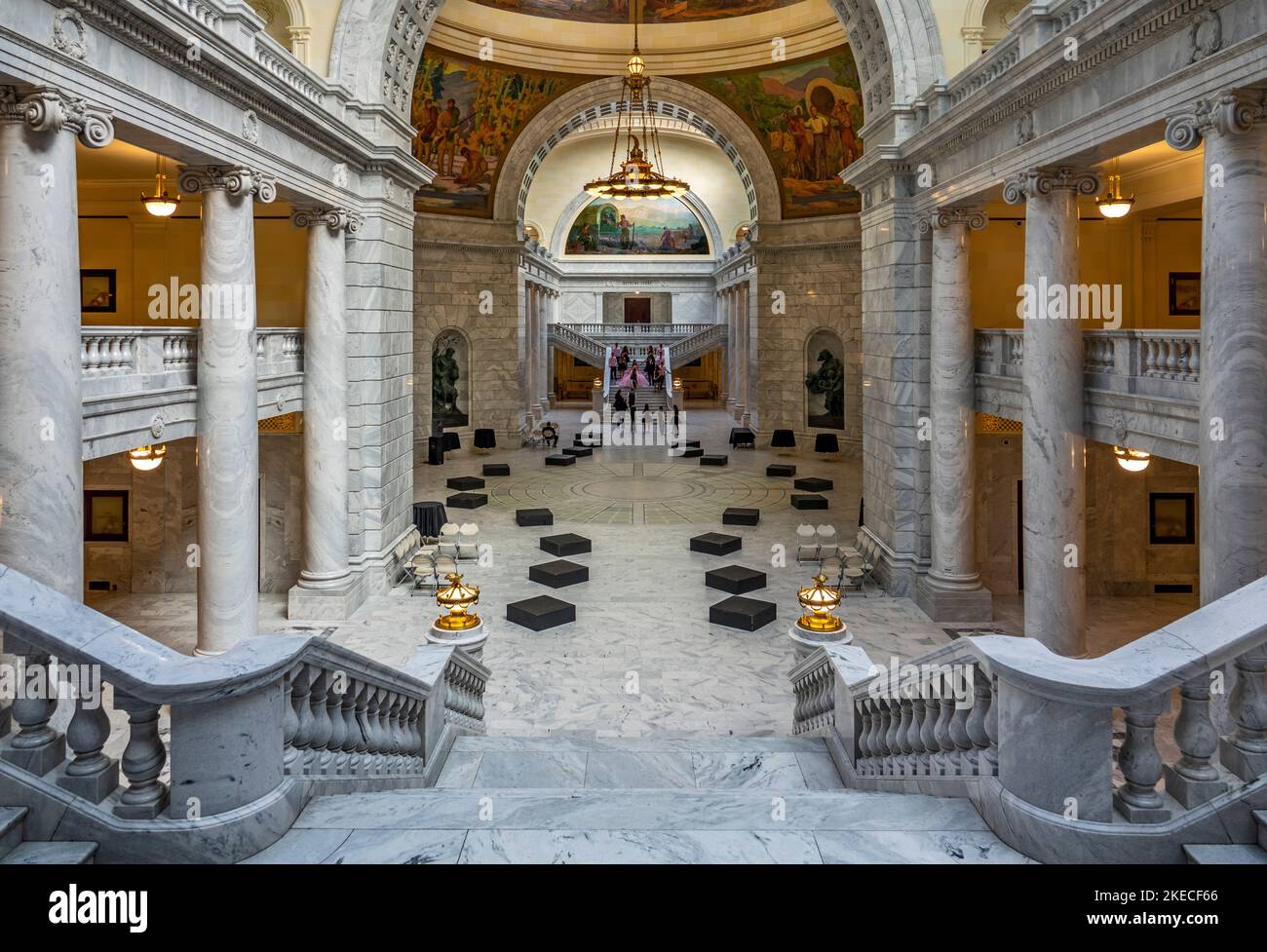 USA, Utah, Salt Lake City, State Capitol, view from the stairs in the west atrium into the rotunda and to the stairs in the east atrium Stock Photo