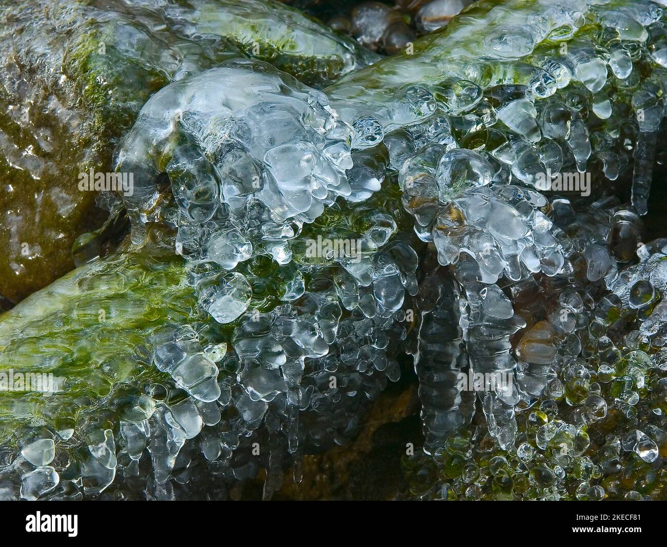 Ice formations under the waterfall at the Merzenbach near Reutlingen / Mittelstadt Stock Photo