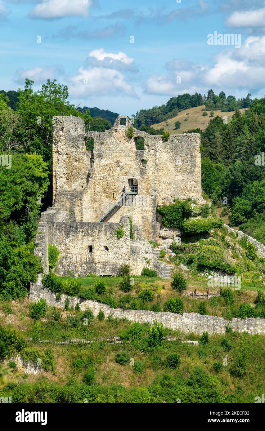 Bichishausen Castle Ruin in the valley of the Great Lauter River in the biosphere area in the Swabian Alb. Stock Photo