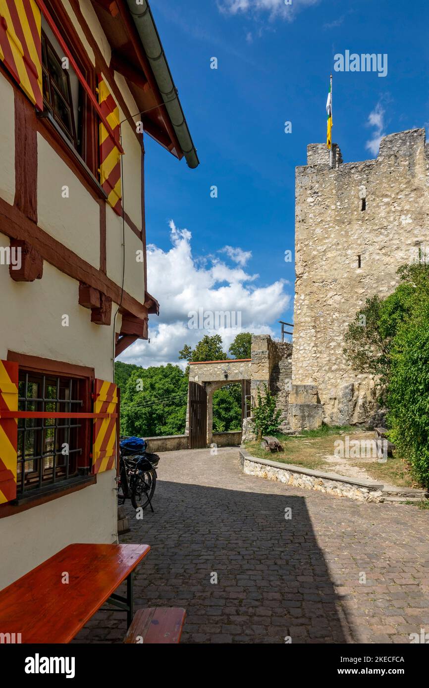The castle Derneck (14th century) is used today by the Swabian Alb Association as a hiking home. The castle is located in the Lauter valley on the Schwäbische-Alb-Südrand-Weg and is a popular hiking destination. Stock Photo
