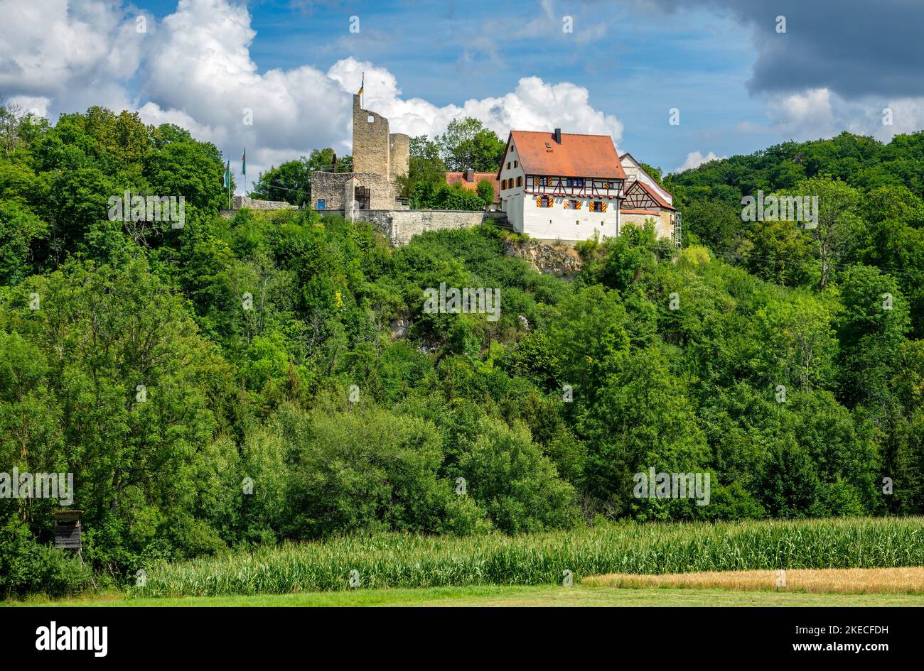 The castle Derneck (14th century) is used today by the Swabian Alb Association as a hiking home. The castle is located in the Lauter valley on the Schwäbische-Alb-Südrand-Weg and is a popular hiking destination. Stock Photo