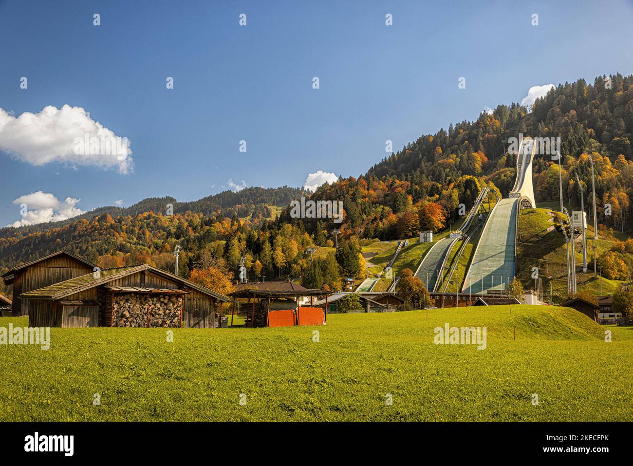 Great Olympic ski jump in autumn. Garmisch-Partenkirchen, Bavaria, Germany. Stock Photo