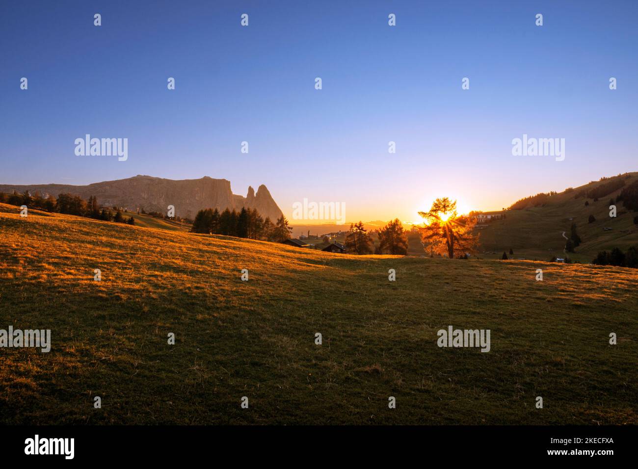 Sunset on the Alpe di Siusi with view of the Sciliar mountain Stock Photo