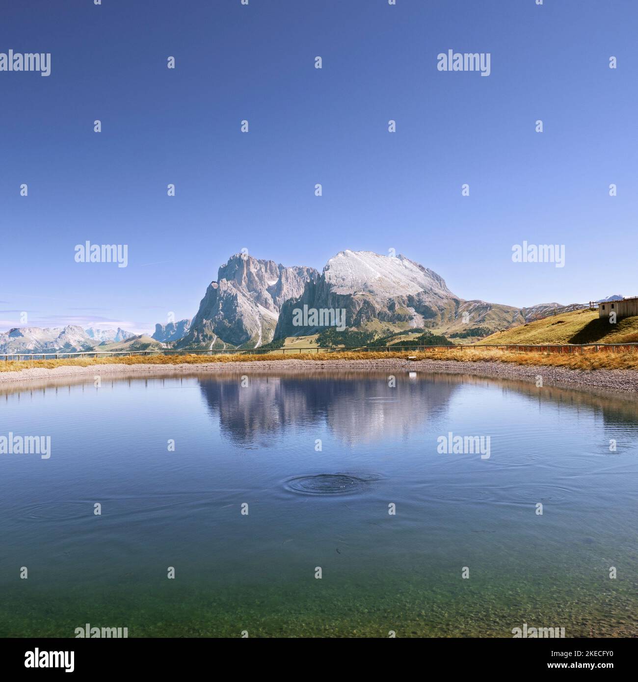 The Sassolungo group reflected in the water reservoir at the Edelweiss hut on the Alpe di Siusi Stock Photo