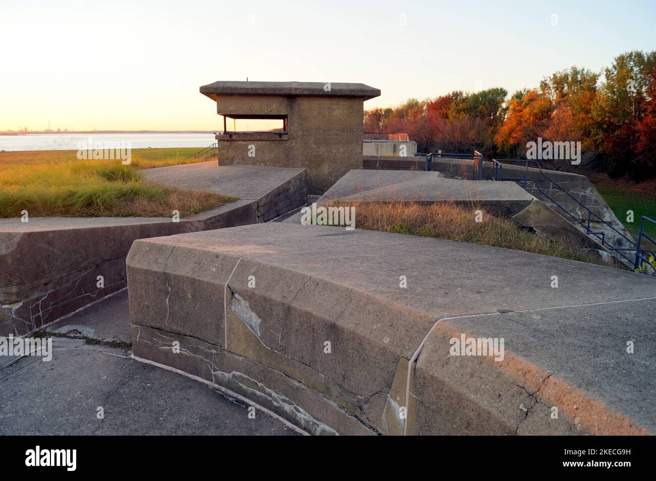 Concrete observation post of the coastal battery, at Fort Mott, sunset view, Pennsville Township, NJ, USA Stock Photo