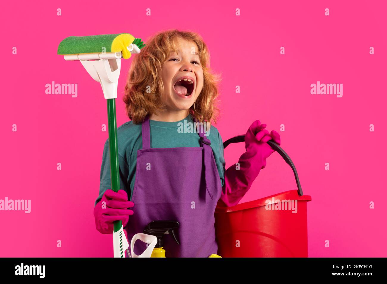 Child mopping house, cleaning home. Detergents and cleaning accessories