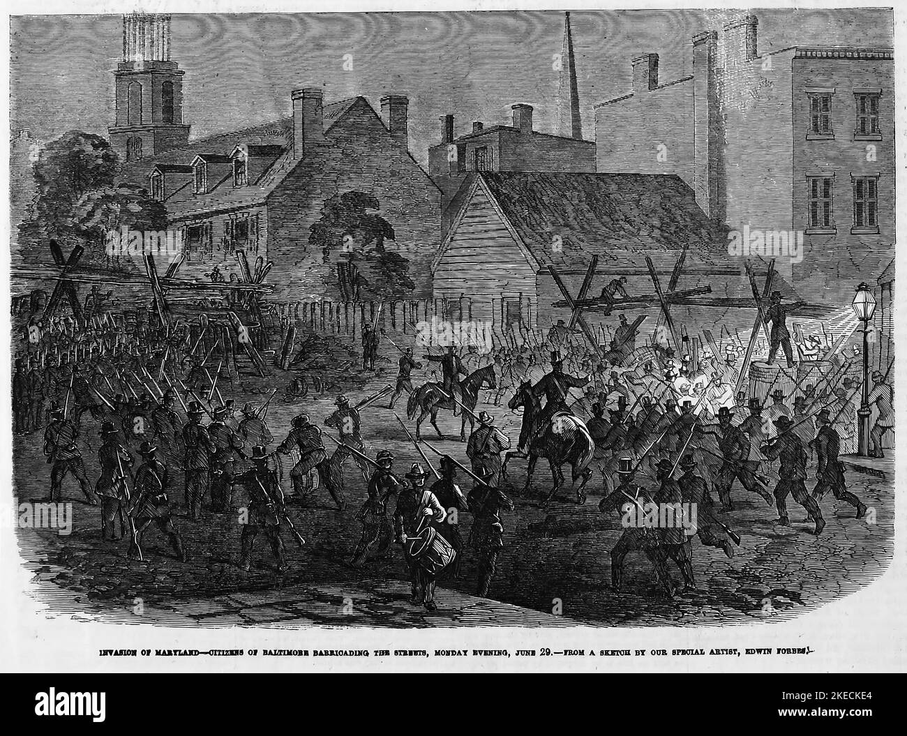 Invasion of Maryland - Citizens of Baltimore barricading the streets, Monday evening, June 29th, 1863. Gettysburg Campaign. 19th century American Civil War illustration from Frank Leslie's Illustrated Newspaper Stock Photo