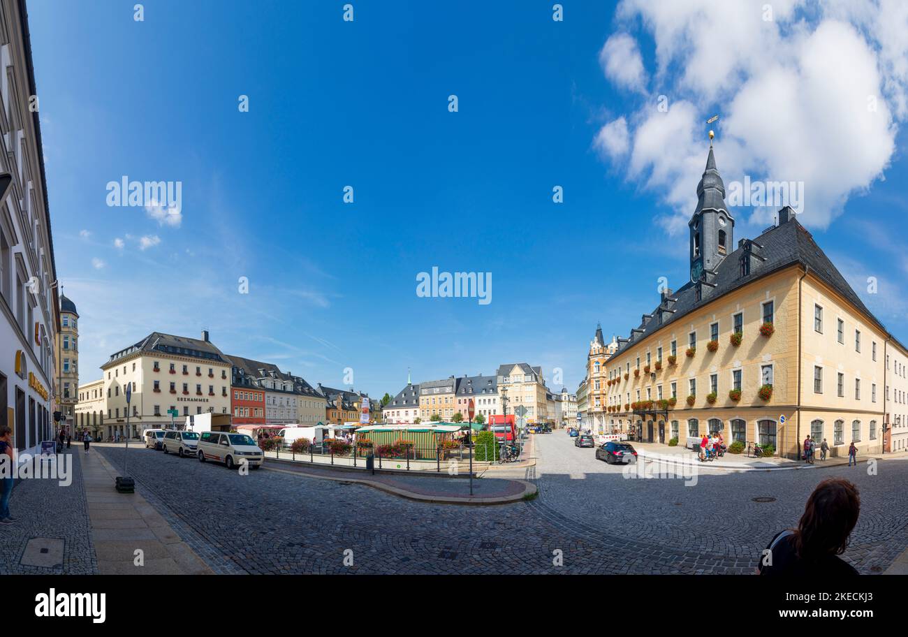 Annaberg-Buchholz, main square Markt at market day, Town Hall in Erzgebirge, Ore Mountains, Sachsen, Saxony, Germany Stock Photo