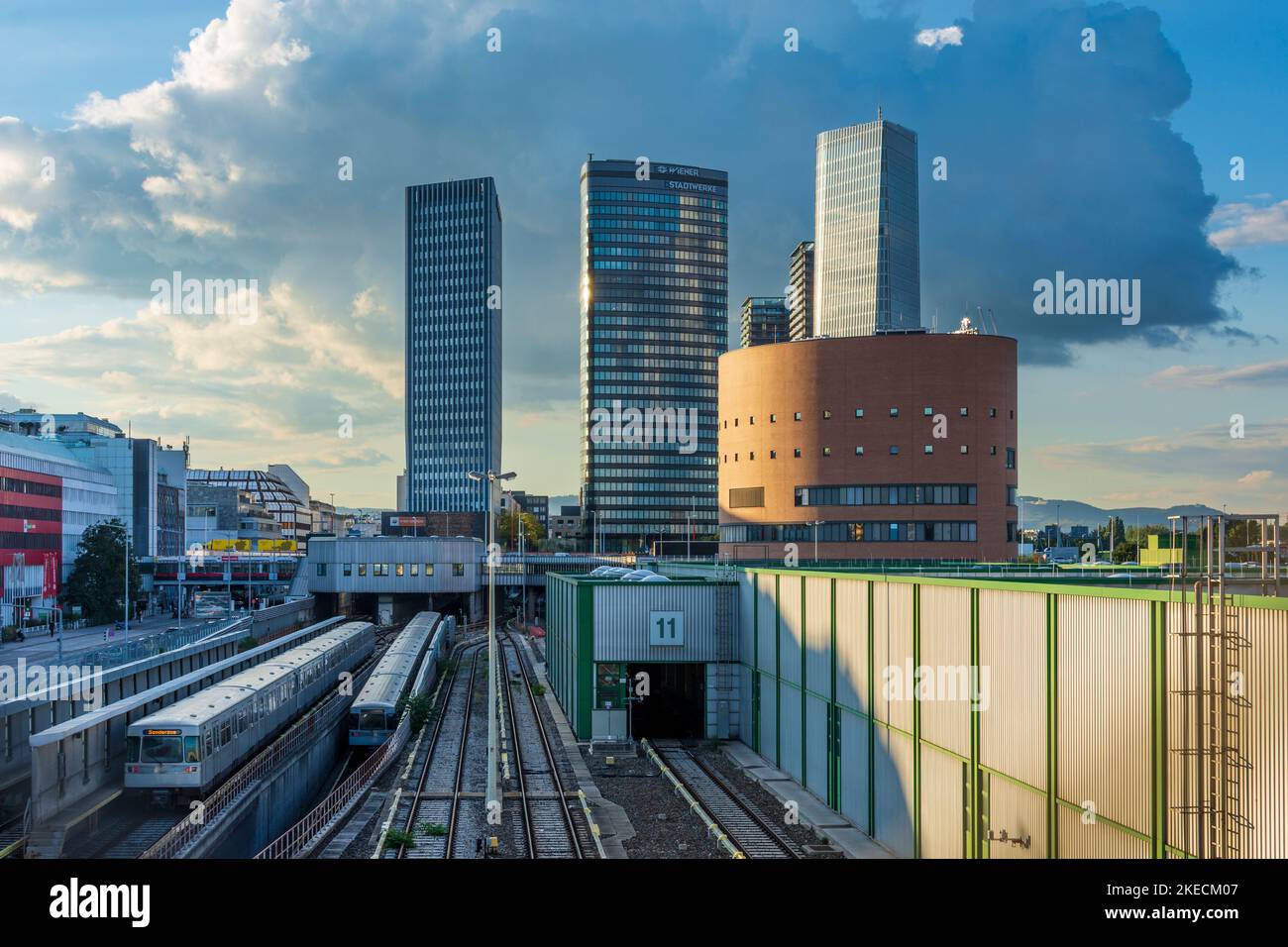 Vienna, subway line U3, subway depot Erdberg, highrises Wien Energie