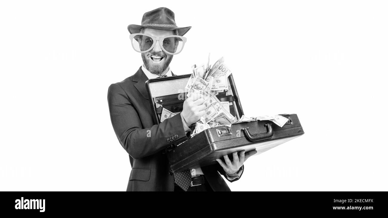 Being rich. Rich man isolated on white. Happy showman hold suitcase
