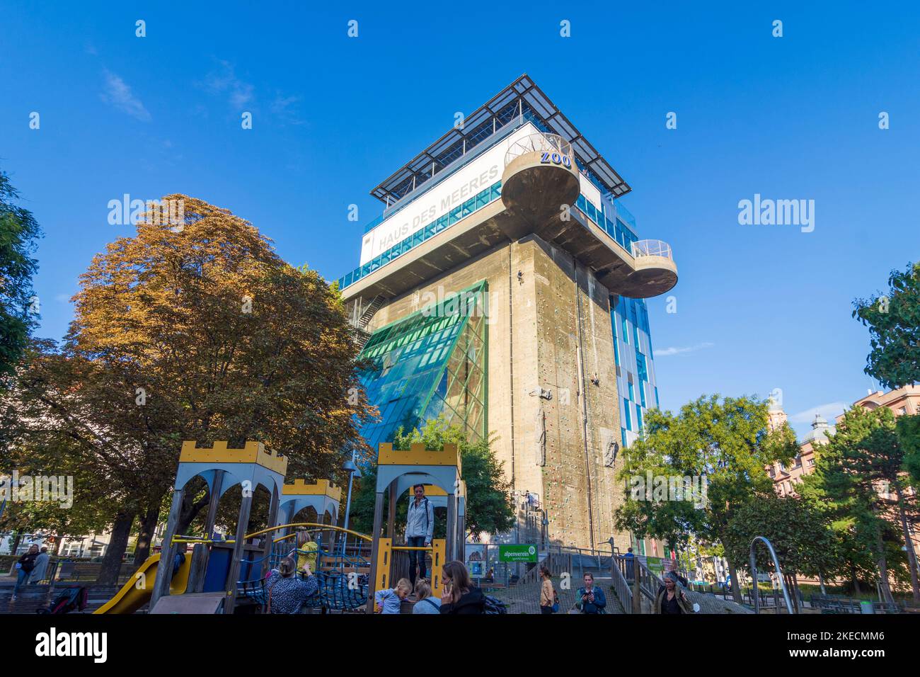 Vienna, Haus des Meeres public aquarium in former flak tower, climber at wall in 06. Mariahilf, Wien, Austria Stock Photo