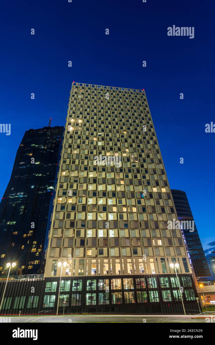 Vienna, DC Tower 3 (front), DC Tower 1 (back) in 22. Donaustadt, Wien, Austria Stock Photo