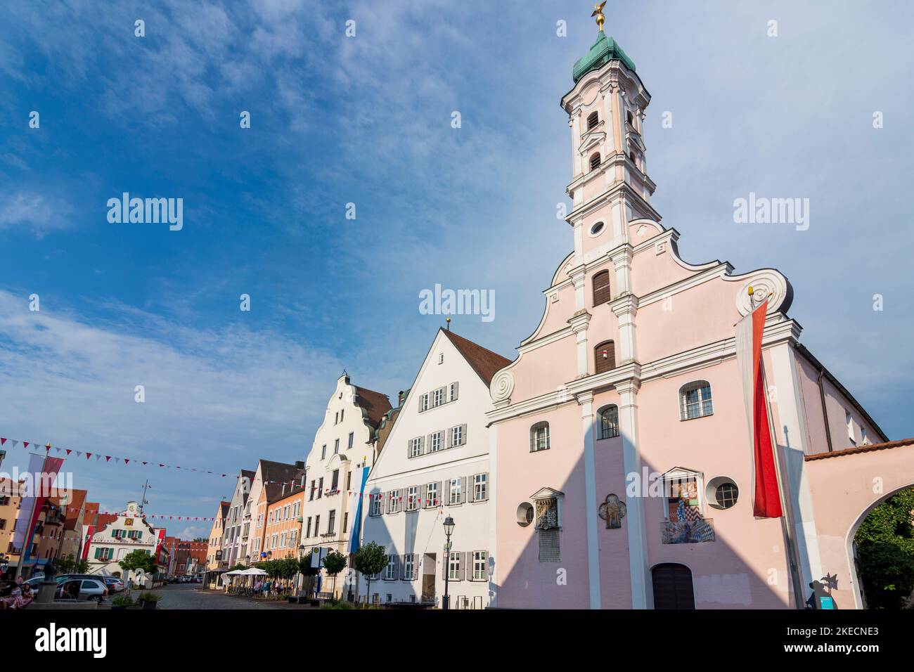 Aichach, square Stadtplatz, Spitalkirche Heiliger Geist (Hospital Church of the Holy Spirit) in Swabia, Bayern, Bavaria, Germany Stock Photo
