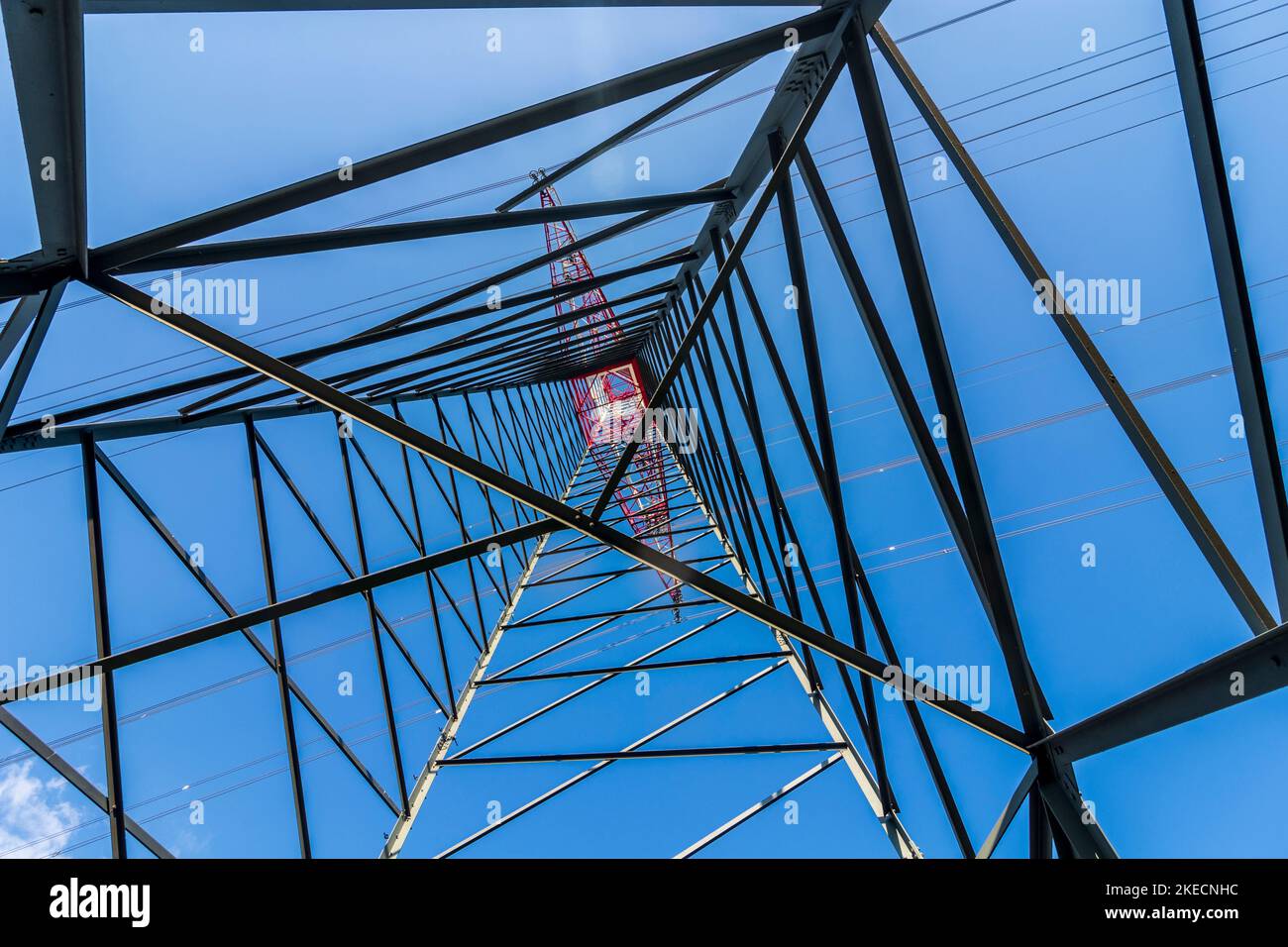 Groß-Enzersdorf, high voltage pylon from below, worm's eye view in Donau, Lower Austria, Austria Stock Photo