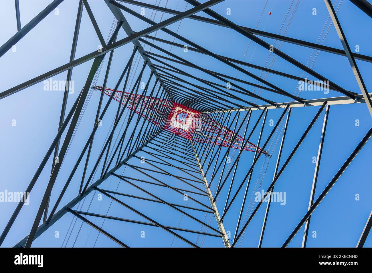 Groß-Enzersdorf, high voltage pylon from below, worm's eye view in Donau, Lower Austria, Austria Stock Photo
