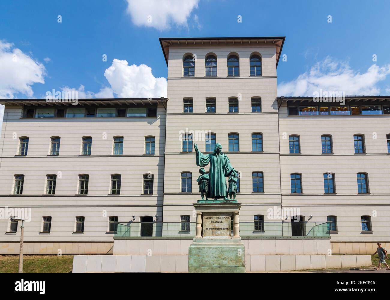 Halle (Saale), Francke monument in front of house 19 of Franckesche Stiftungen (Francke Foundations) in Saxony-Anhalt, Germany Stock Photo