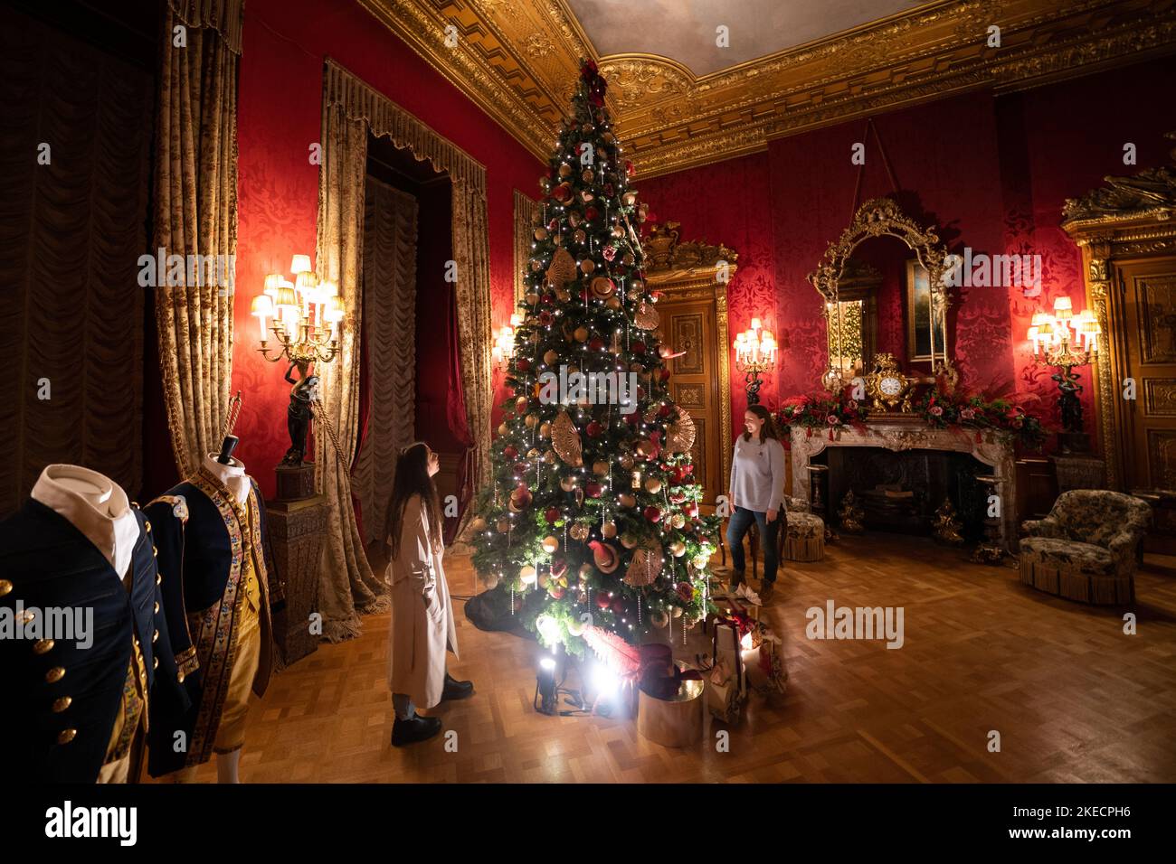 People view the Christmas tree and decorations in the Red Drawing Room