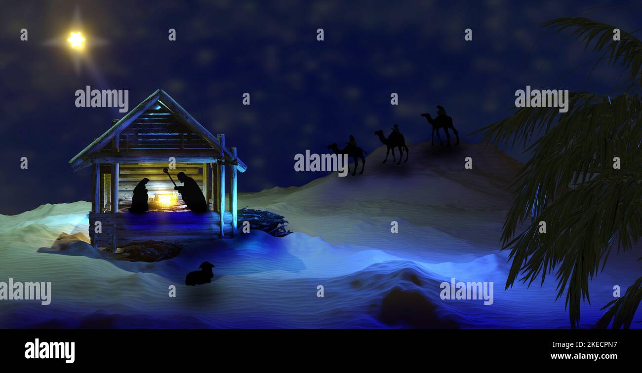 Christmas Nativity scene in Bethlehem with Baby Jesus in manger, Mary