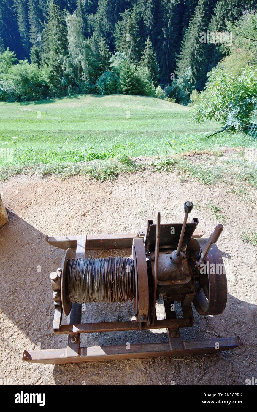 Mountain farms in the South Tyrolean Ulten Valley, old winch from a