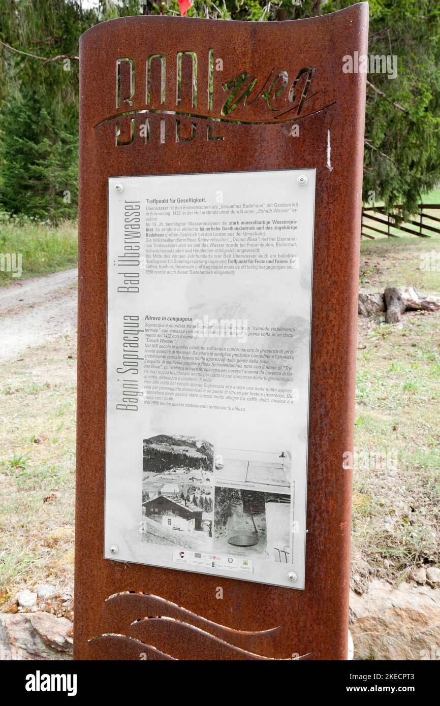 Information board about the historical bath Überwasser, a renovated bath in the South Tyrolean Ulten valley Stock Photo