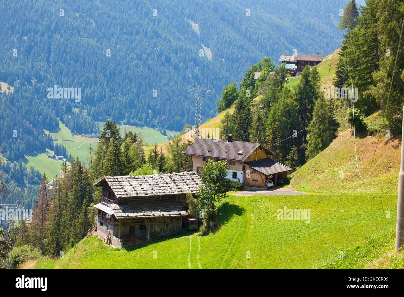 Mountain farms on the steep slope high above the valley floor in the South Tyrolean Ulten Valley Stock Photo