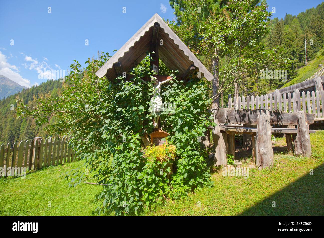 Marterl covered with green vines in the South Tyrolean Ulten Valley Stock Photo