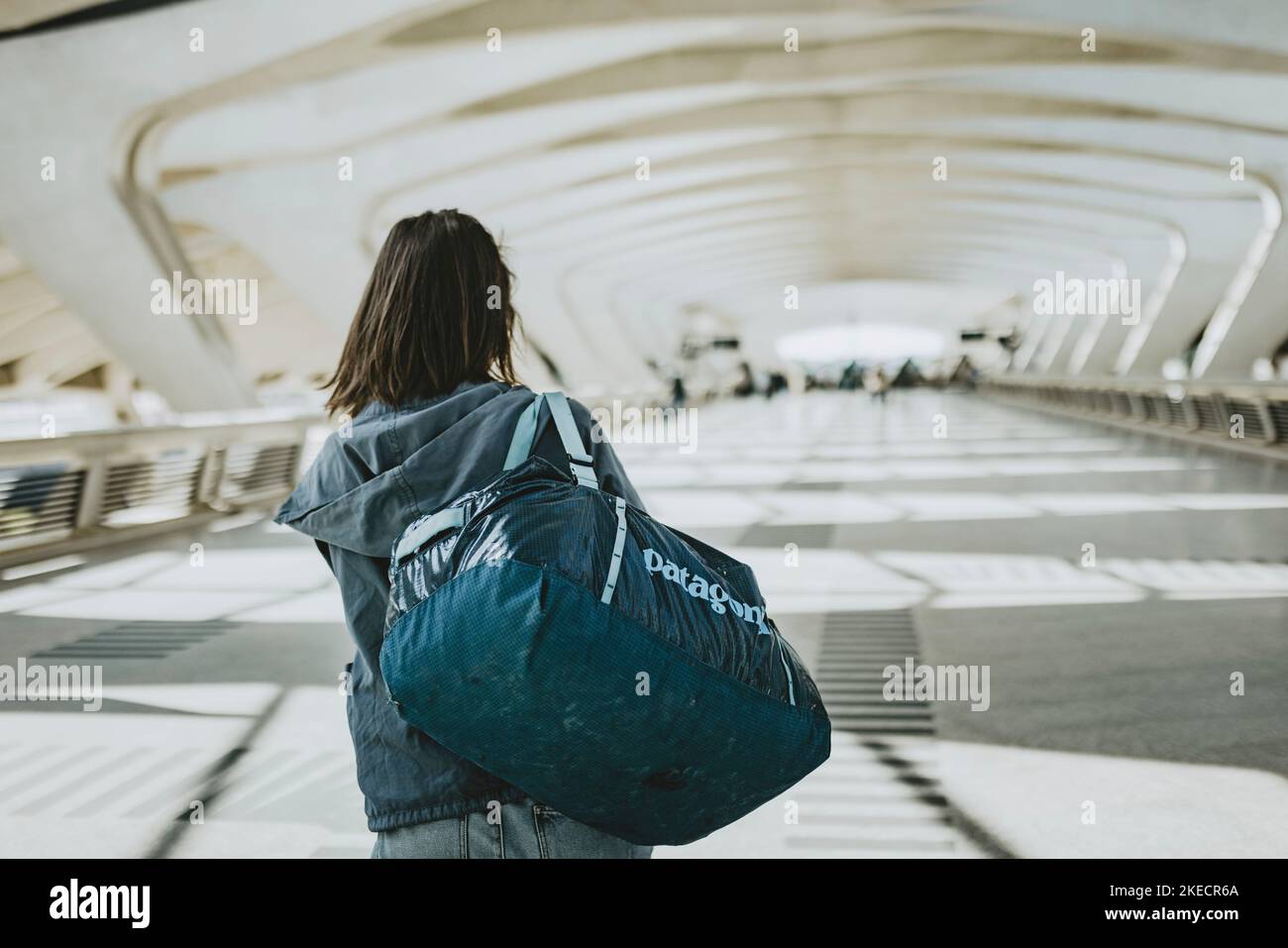 France, Lyon, airport, inside, woman with luggage, back view Stock Photo