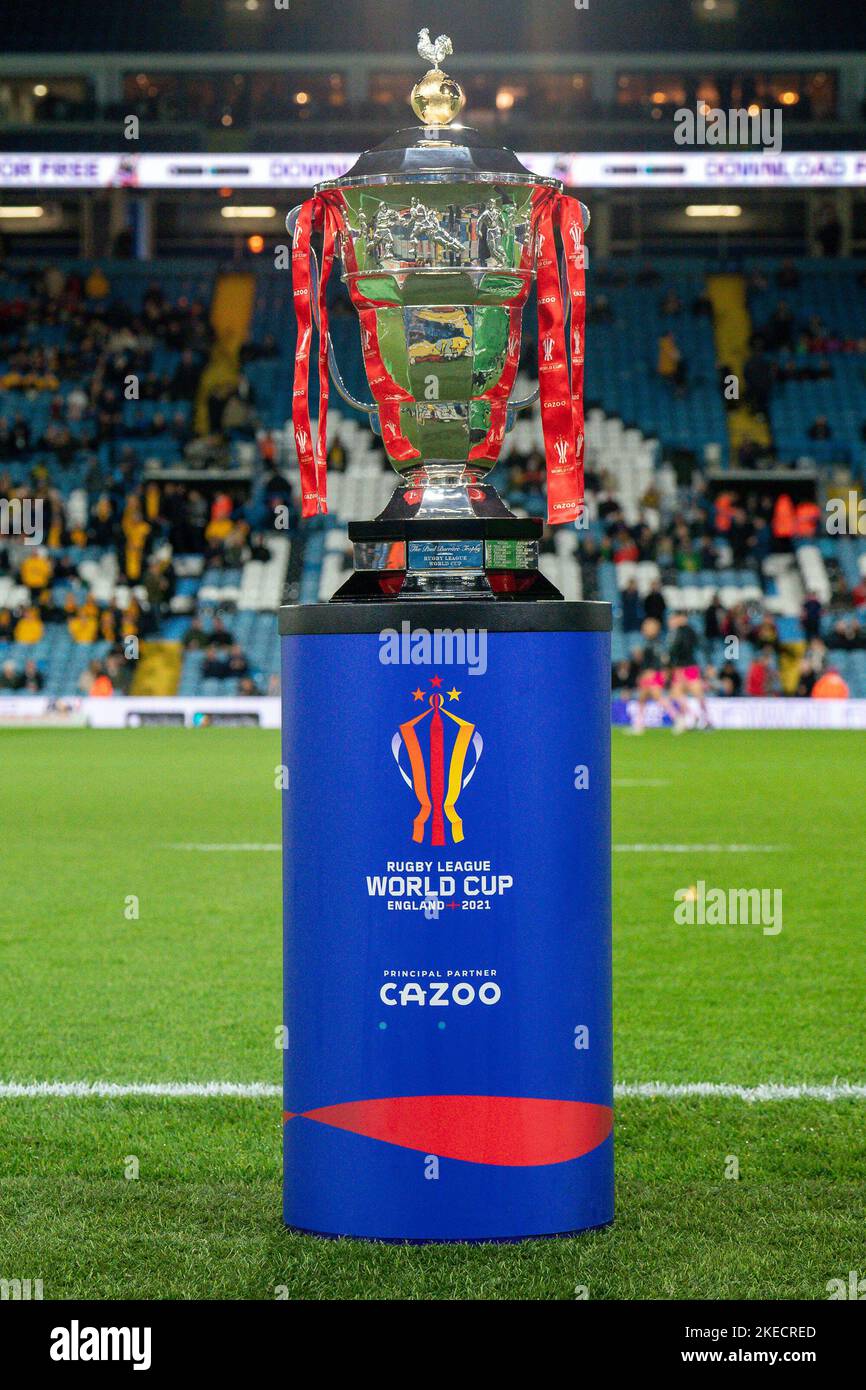 Leeds, UK. 03rd Nov, 2022. General view of the Rugby League Cup Trophy ahead of the Rugby League World 2021 match between Australia and New Zealand at Elland Road, Leeds, England on 11 November 2022. Photo by David Horn. Credit: PRiME Media Images/Alamy Live News Stock Photo