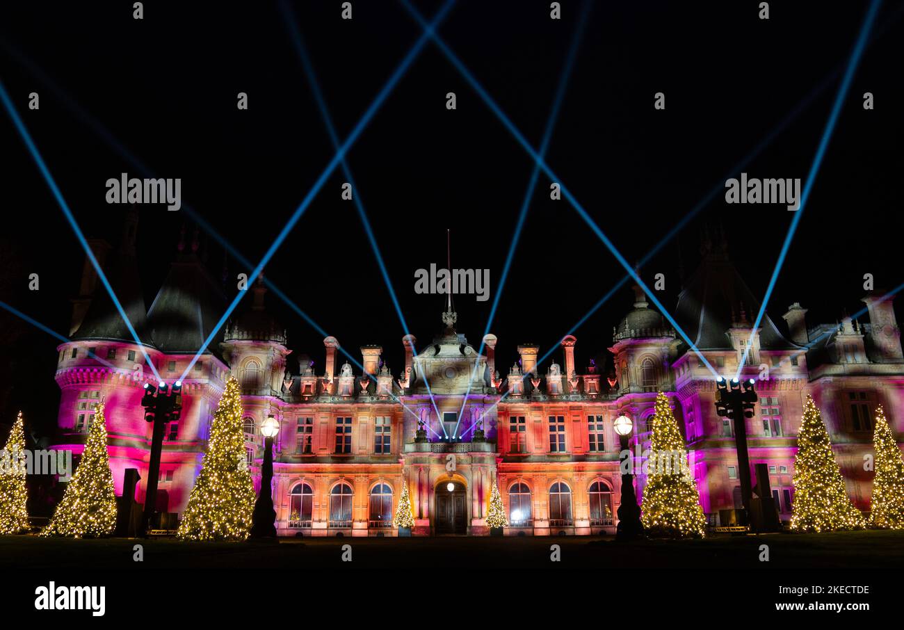 A light display on the front of Waddesdon Manor during a photo call for
