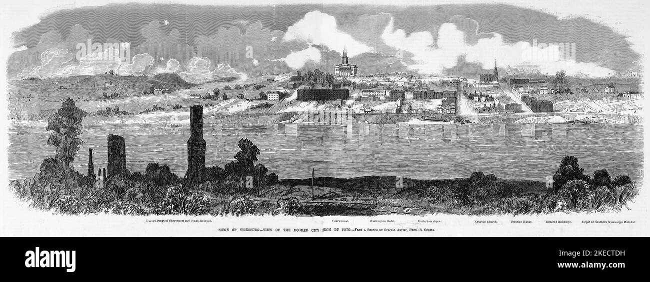 Siege of Vicksburg, Mississippi - View of the doomed city from De Soto - Ruined Depot of Shreveport and Texas Railroad, Courthouse, Washington Hotel, Uncle Sam House, Catholic Church, Prentiss House, Battered Buildings, Depot of Southern Mississippi Railroad. June 1863. 19th century American Civil War illustration from Frank Leslie's Illustrated Newspaper Stock Photo