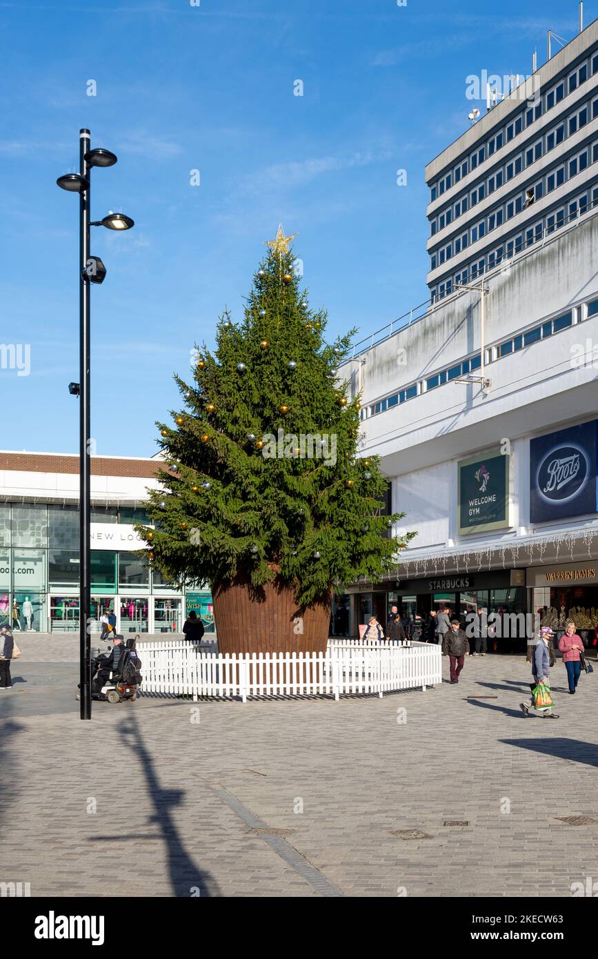 Christmas tree in High Street shopping plaza. Southend on Sea, High