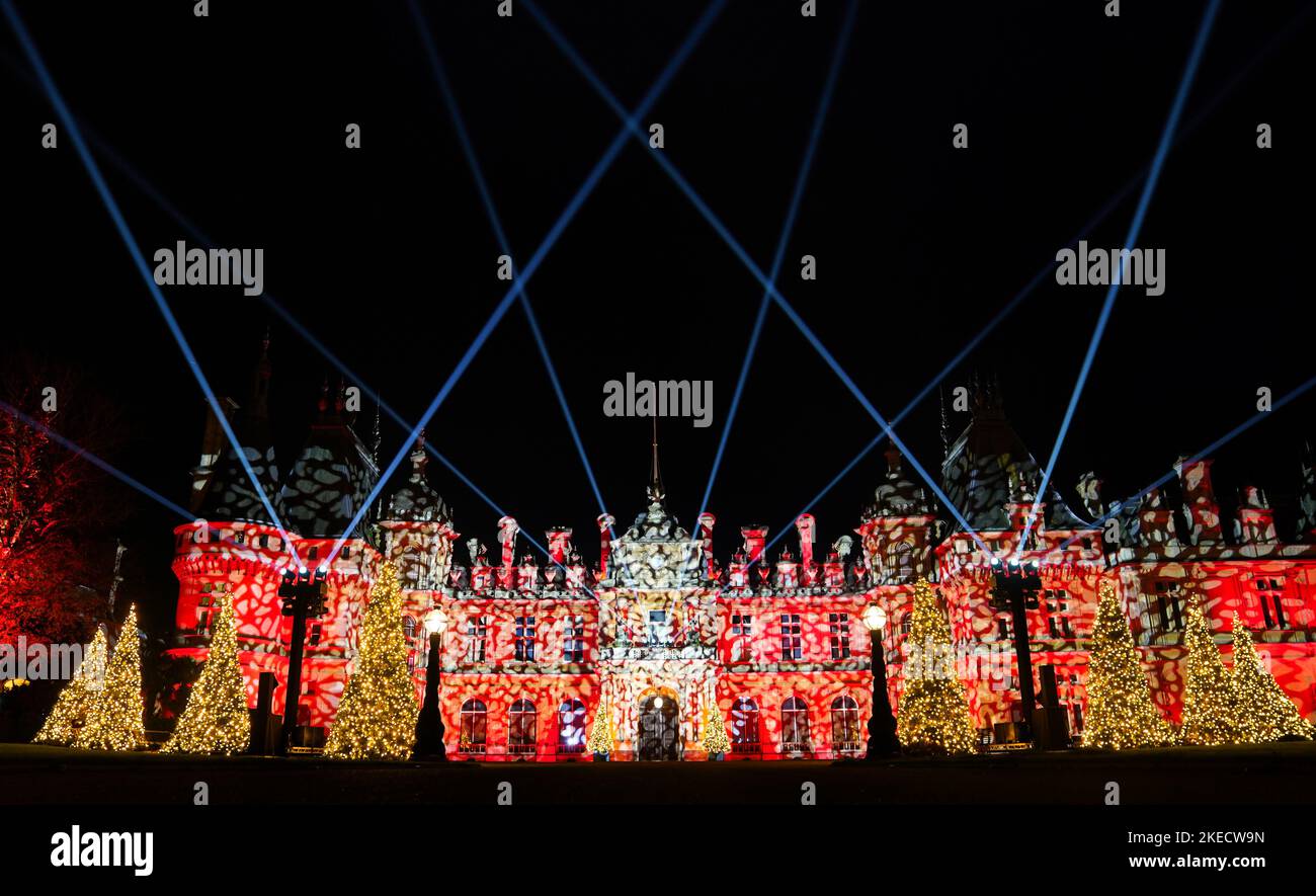 A light display on the front of Waddesdon Manor during a photo call for