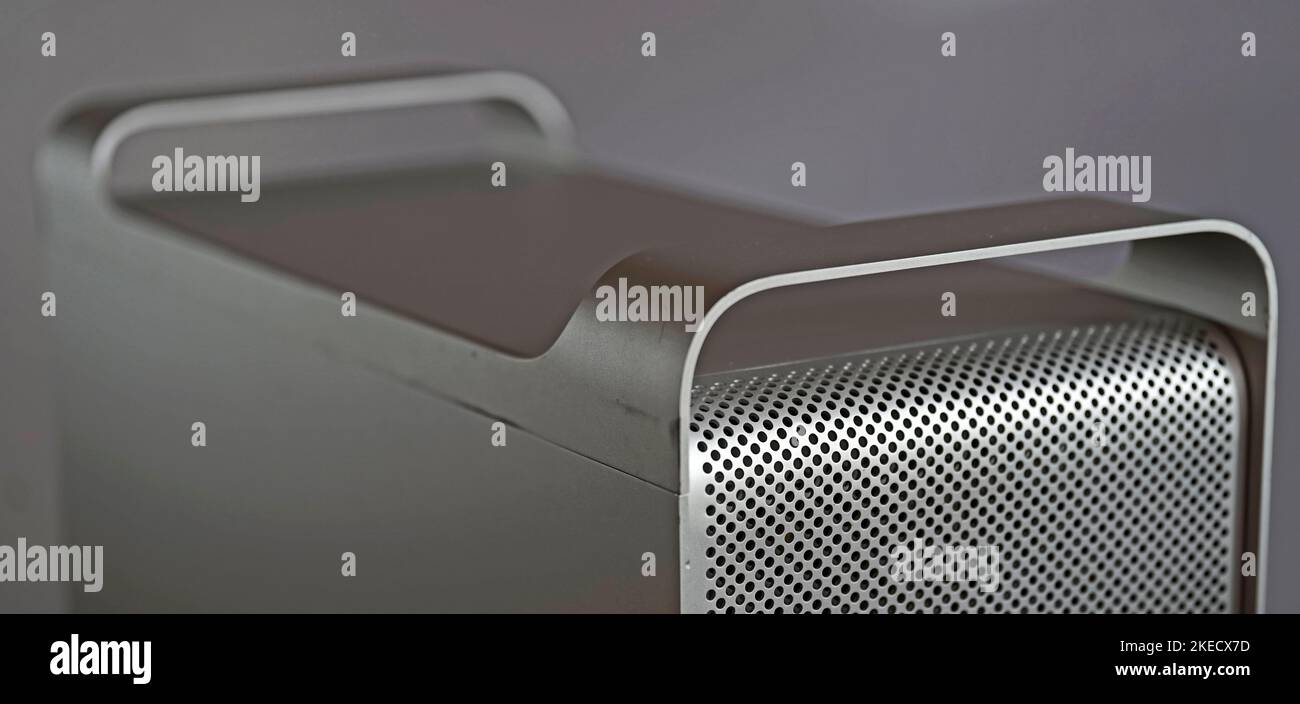 The handles on the case of a vintage mac power computer. It is a very