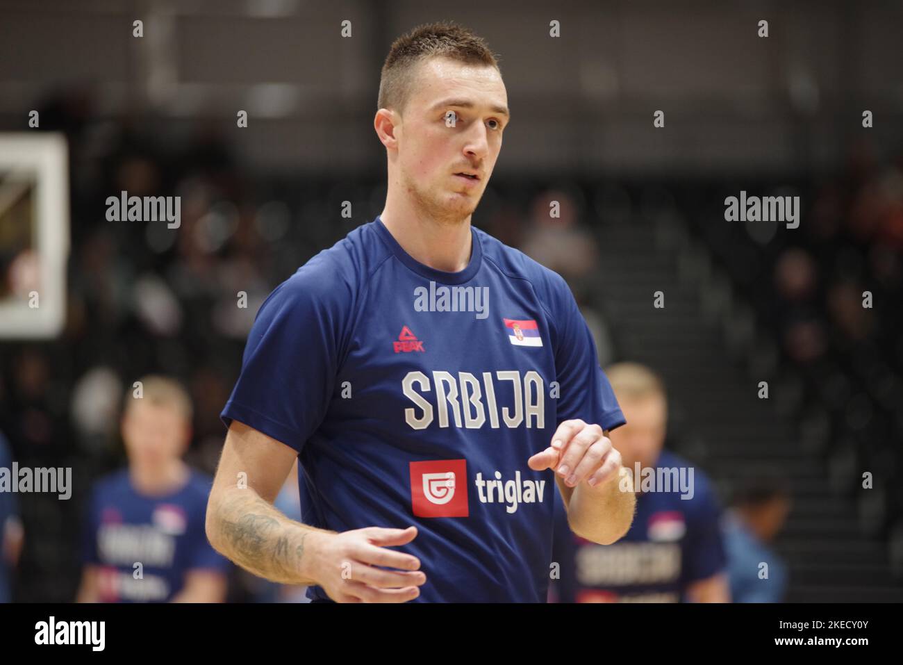 Newcastle upon Tyne, England, 11 November 2022. Danilo Andusic warming up for Serbia against Great Britain in the FIBA Basketball World Cup 2023 Qualifiers at the Vertu Motors Arena. Credit: Colin Edwards/Alamy Live News Stock Photo