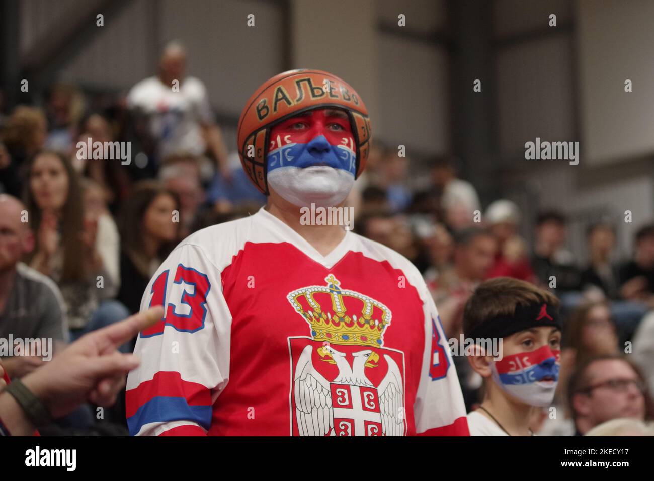 Newcastle upon Tyne, England, 11 November 2022. A Serbian supporter at the Great Britain against Serbia match in the FIBA Basketball World Cup 2023 Qualifiers at the Vertu Motors Arena. Credit: Colin Edwards/Alamy Live News Stock Photo