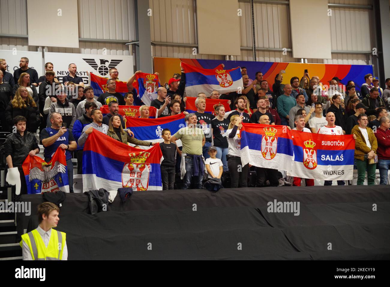 Newcastle upon Tyne, England, 11 November 2022. Supporters of Serbia during the playing of the national anthem before the Great Britain against Serbia match in the FIBA Basketball World Cup 2023 Qualifiers at the Vertu Motors Arena. Credit: Colin Edwards/Alamy Live News Stock Photo