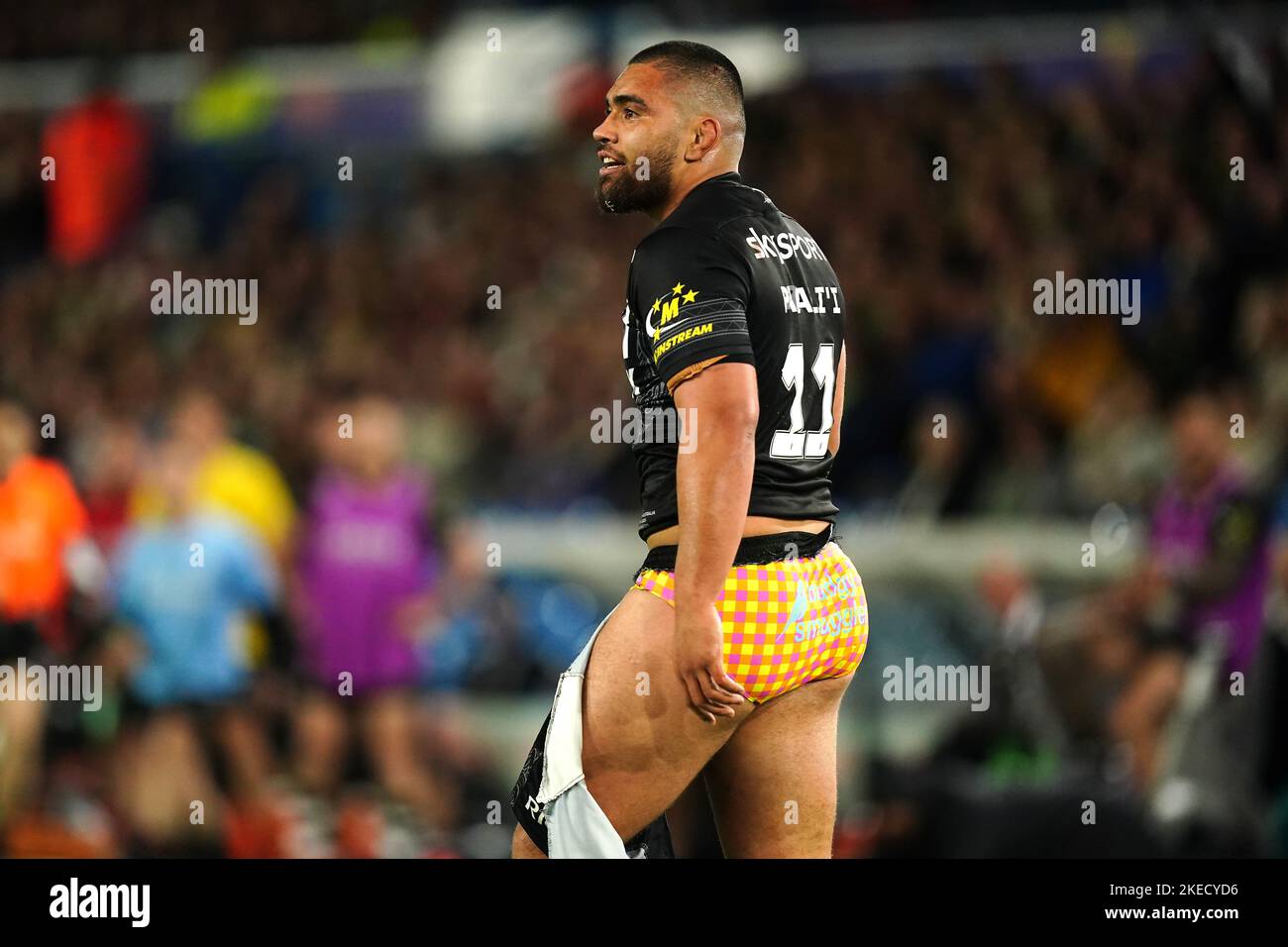 New Zealand's Isaiah Papali'I after having their shorts ripped during