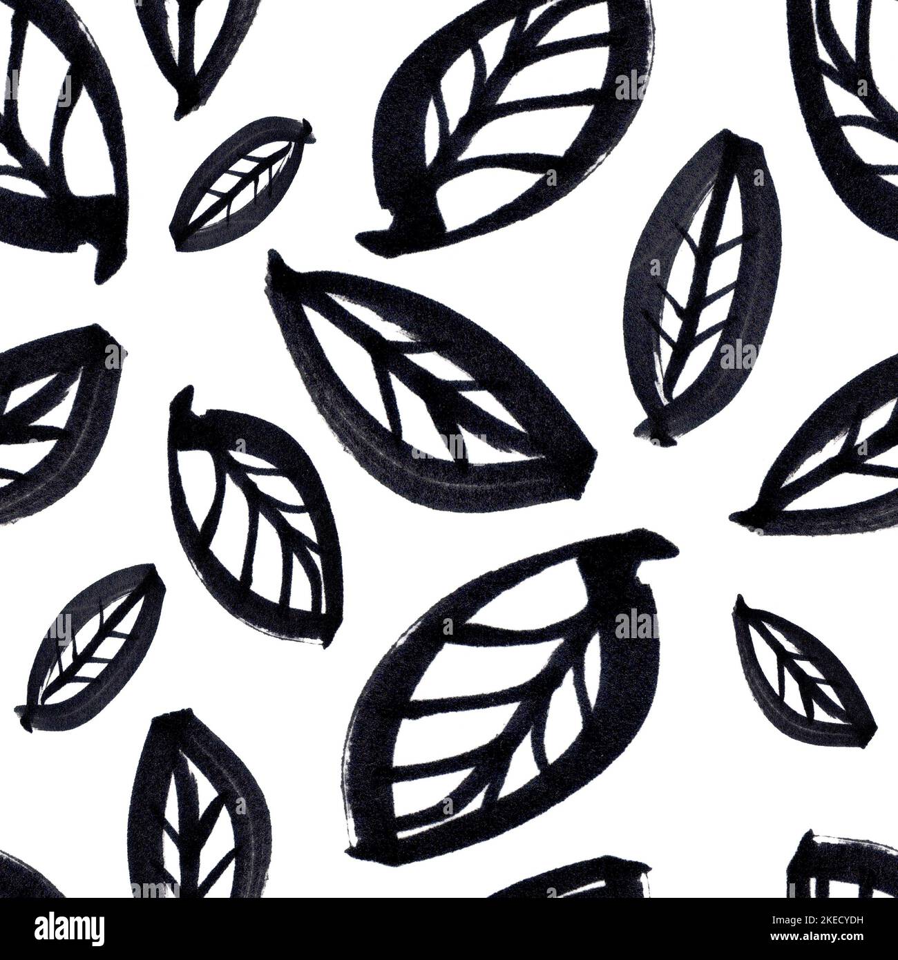 Hand drawn black and white seamless pattern with leaves Stock Photo