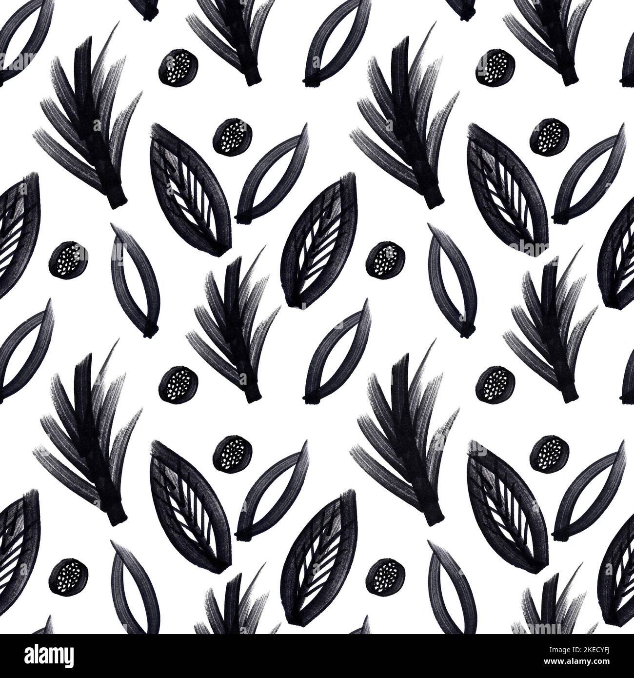 Hand drawn black and white seamless pattern with floral motifs Stock Photo