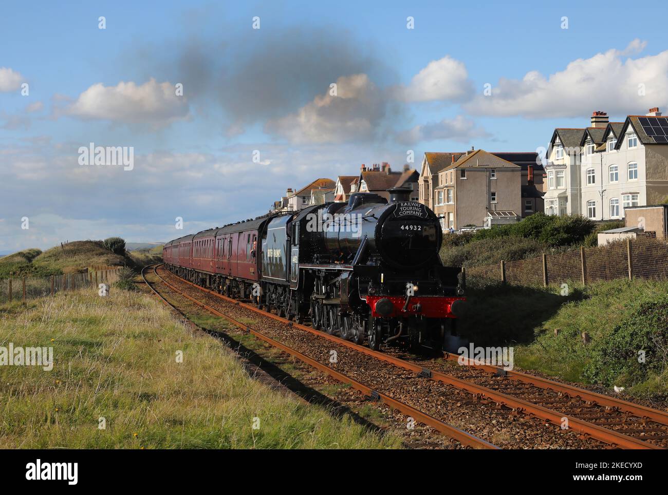 After a water stop at Sellafield 44932 passes Seascale and heads for Carnforth on 24.9.22. Stock Photo