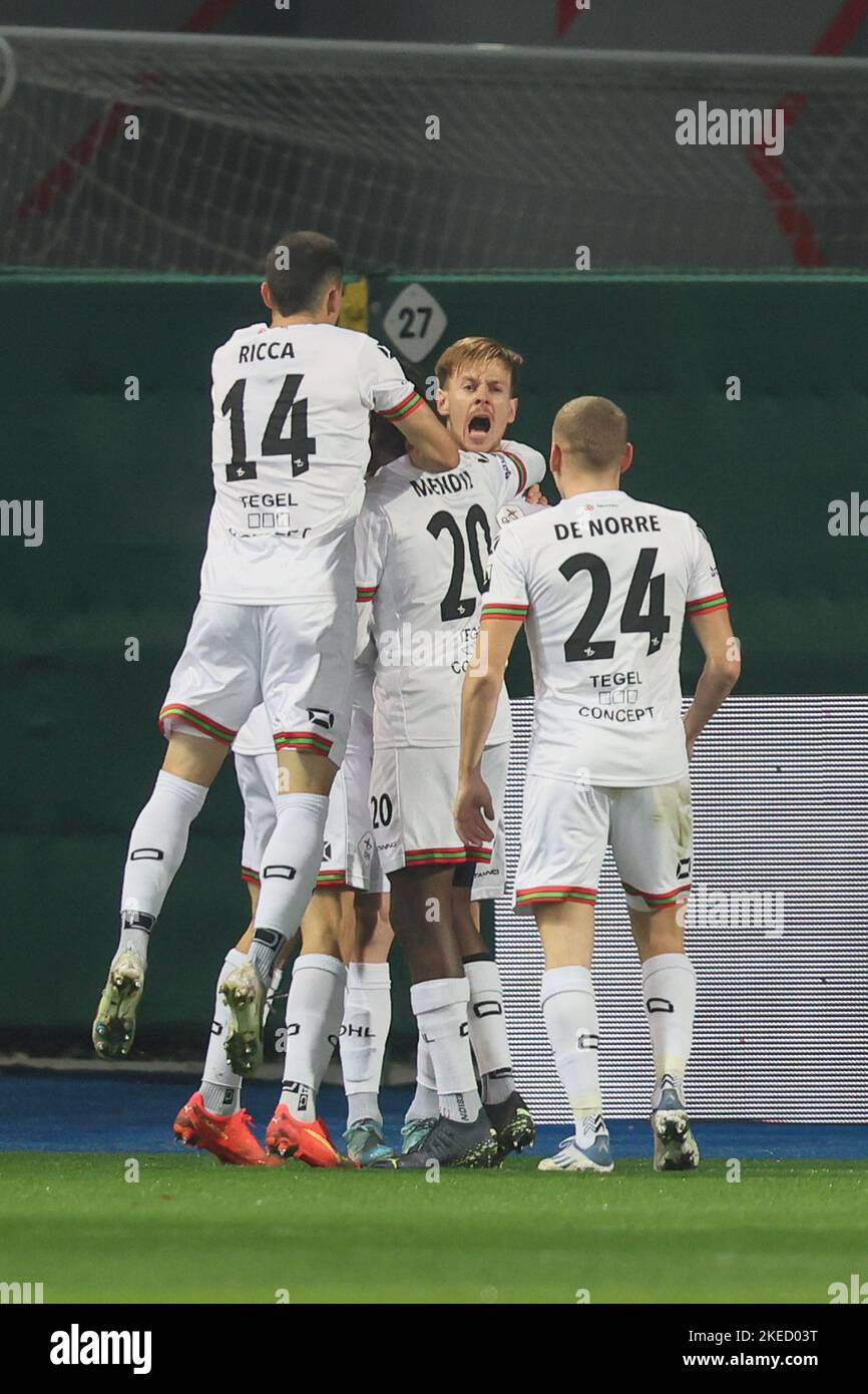 OHL's Mathieu Maertens celebrates after scoring during a soccer match