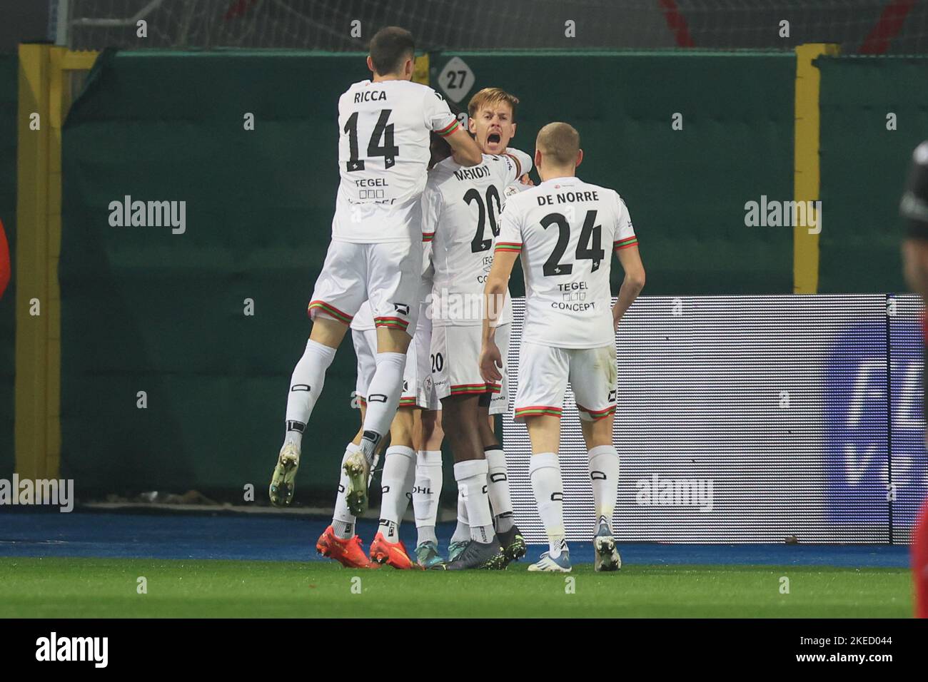 OHL's Mathieu Maertens celebrates after scoring during a soccer match