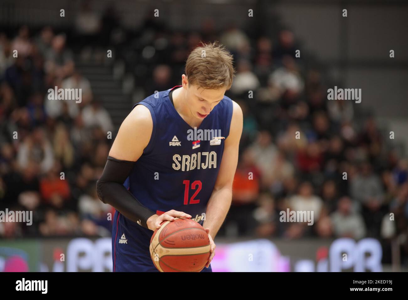 Newcastle upon Tyne, England, 11 November 2022. Aleksa Radanov playing for Serbia against Great Britain in the FIBA Basketball World Cup 2023 Qualifiers at the Vertu Motors Arena. Credit: Colin Edwards/Alamy Live News Stock Photo