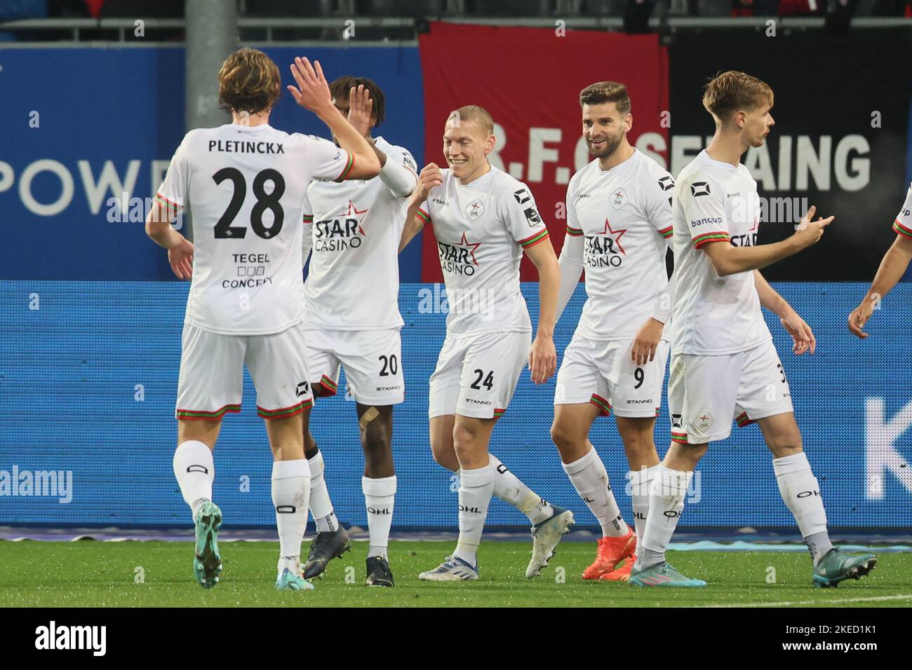 OHL's Casper De Norre celebrates after scoring during a soccer match